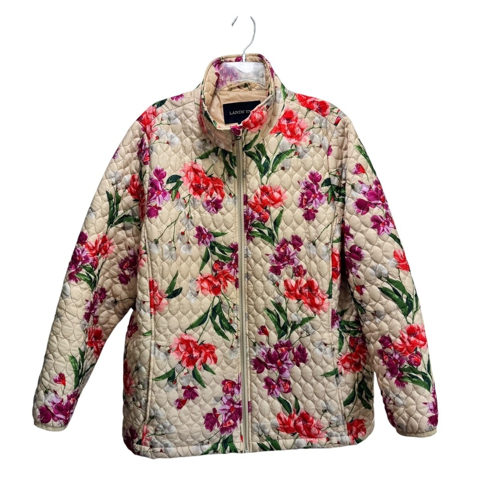 Lands End Quilted Floral Plus Jacket Preppy Cottagecore Womens 2X Butter‎ Yellow